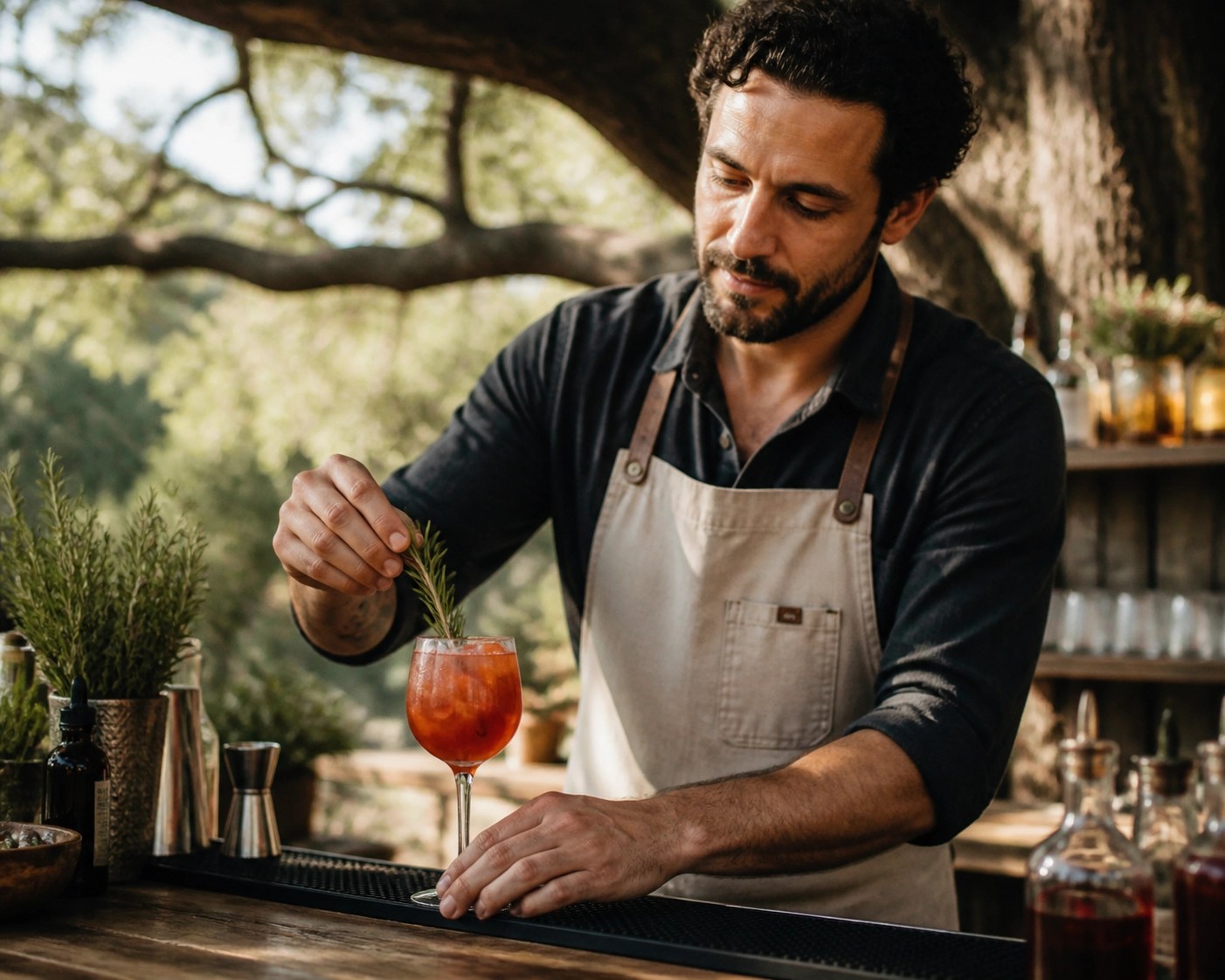 A professional bartender preparing a botanical cocktail at an outdoor event bar